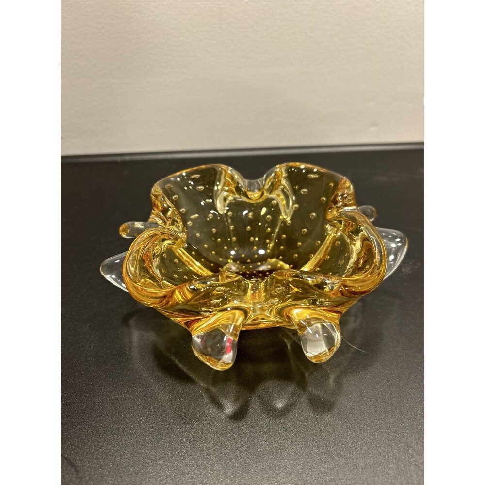 Murano Yellow Bullicante Controlled Bubble Art Glass Bowl Trinket Dish Bowl Big